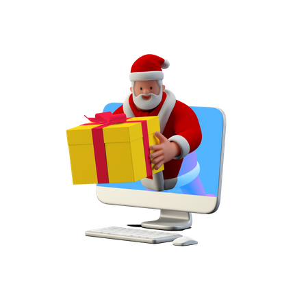 Santa Giving online gift from computer 3D Illustration