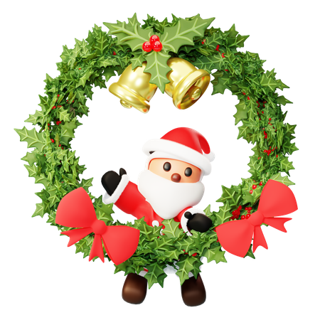 Santa hanging on Christmas wreath  3D Illustration