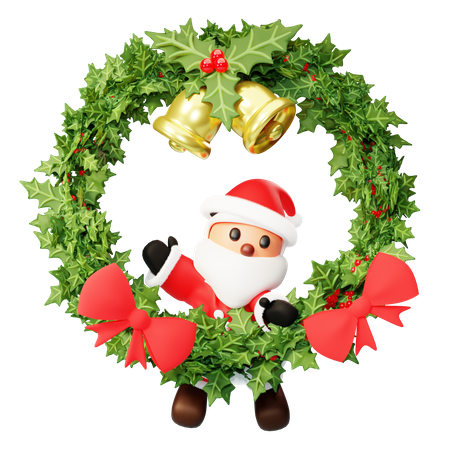 Santa hanging on Christmas wreath 3D Illustration