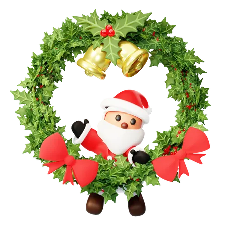 Santa hanging on Christmas wreath  3D Illustration