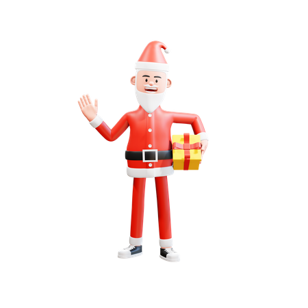 Santa holding a gift at his waist and waving his right hand saying hi 3D Illustration