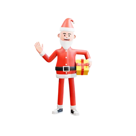 Santa holding a gift at his waist and waving his right hand saying hi  3D Illustration