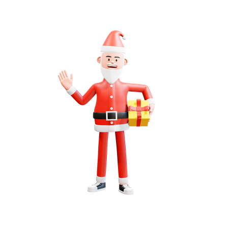 Santa holding a gift at his waist and waving his right hand saying hi  3D Illustration