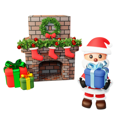 Santa in front of fireplace 3D Illustration