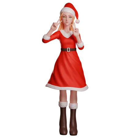 Santa Girl Mostrando Gesto de Paz Usando Ambas as Mãos  3D Illustration