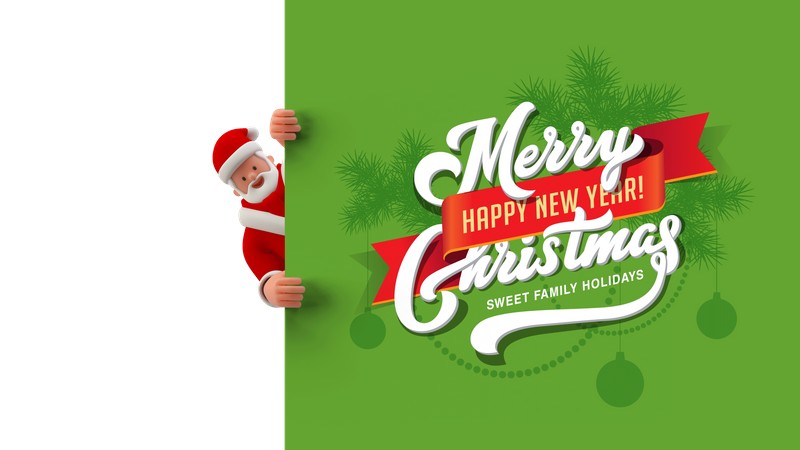 Santa mirando detrás de la pancarta de feliz Navidad y próspero año nuevo  3D Illustration