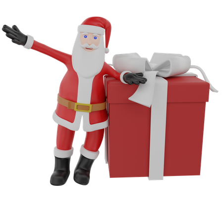 Santa pushes a big gift for christmas present  3D Illustration