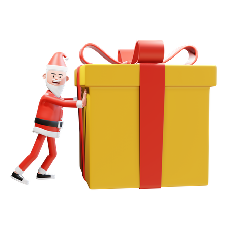 Santa pushes a big gift for christmas present  3D Illustration