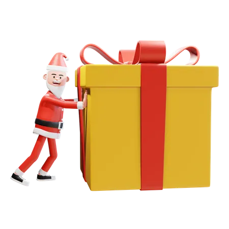 Santa Pushes A Big Gift For Christmas Present 3 D Character Santa Claus Christmas Concept 3D Illustration