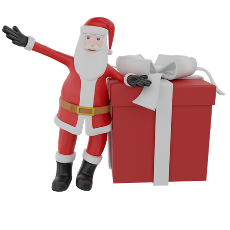 Santa pushes a big gift for christmas present 3D Illustration