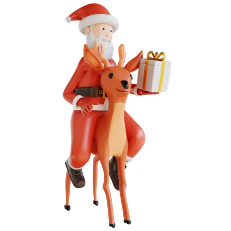 Santa Riding A Deer And Gift Box  3D Illustration