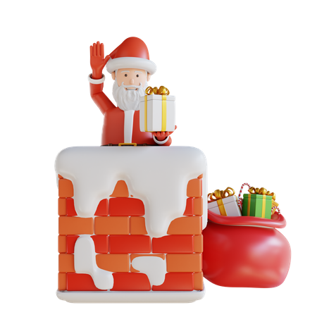 Santa Santa Brings A Gift Box In The Chimney 3D Illustration