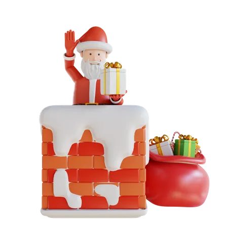 Santa Santa Brings A Gift Box In The Chimney  3D Illustration