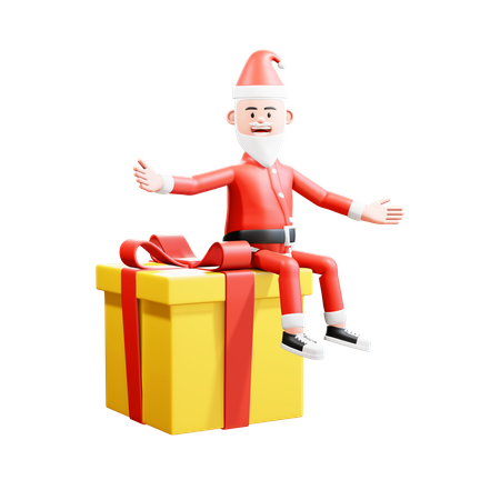 Santa sitting cheerfully on a big Christmas gift  3D Illustration