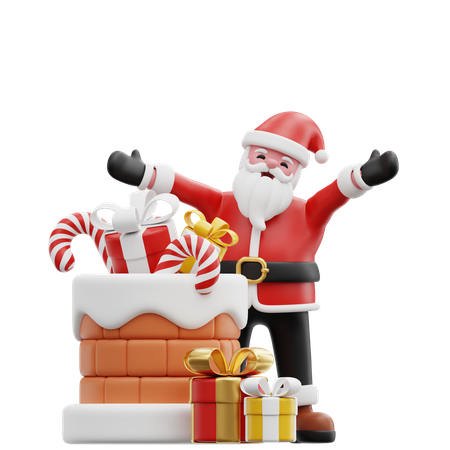 Santa sitting near Chimney and Gift  3D Illustration