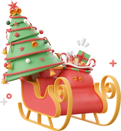 Santa Sleigh With Christmas Tree  3D Icon