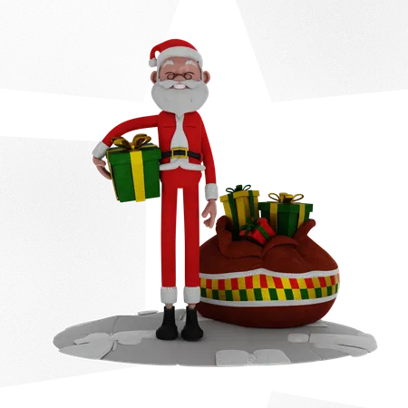 Santa Standing And Holding Gift  3D Illustration