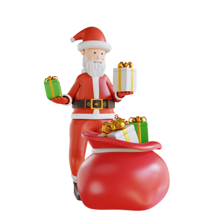 Santa Takes A Gift Box From A Gift Bag 3D Illustration