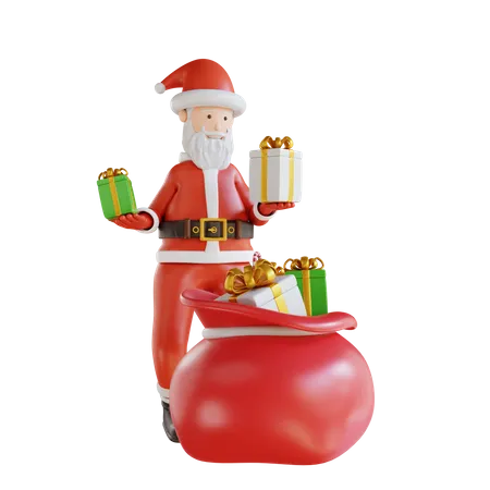 Santa Takes A Gift Box From A Gift Bag  3D Illustration