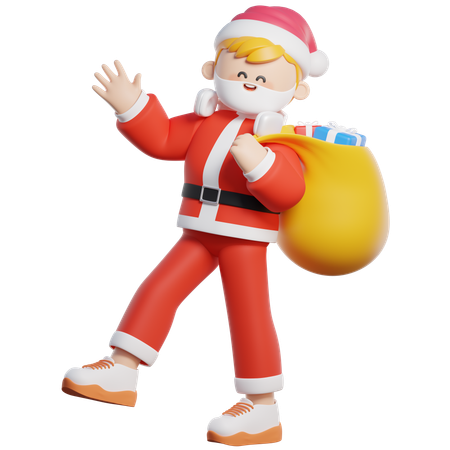 Santa Walking with Gifts Bag  3D Illustration