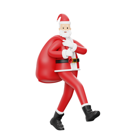 Santa Walking With Gifts Bag  3D Illustration