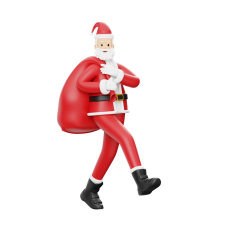 Santa Walking With Gifts Bag  3D Illustration