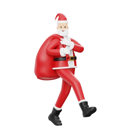 Santa Walking With Gifts Bag  3D Illustration