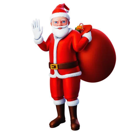 Santa Waving Hand And Holding Gift Bag  3D Illustration