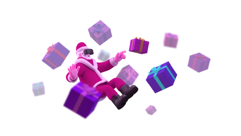 Santa with VR glasses floating on air with gift boxes  3D Illustration