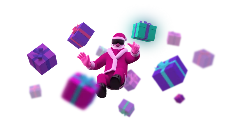 Santa with VR glasses floating on air with present boxes  3D Illustration