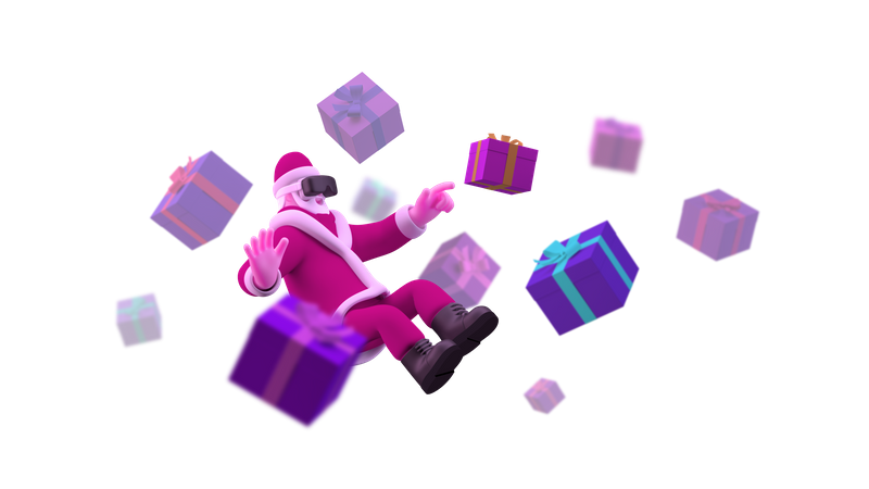 Santa with VR glasses floating on air with gift boxes 3D Illustration