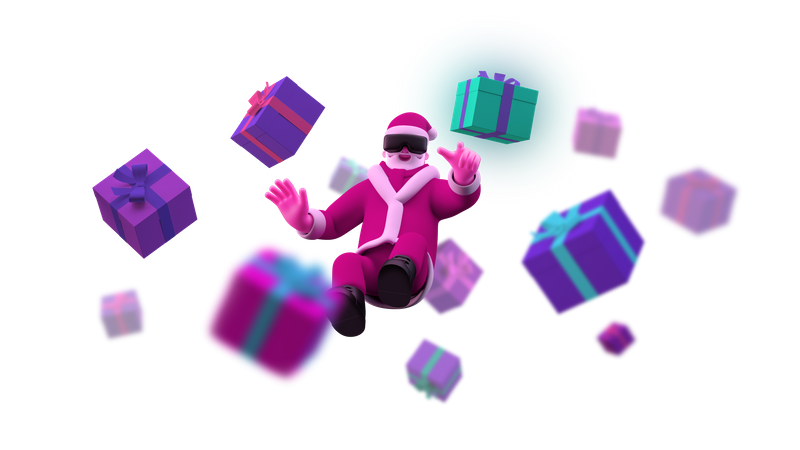 Santa with VR glasses floating on air with present boxes 3D Illustration