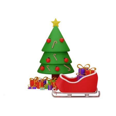 Arbre de Noël avec cadeau et traîneau du Père Noël  3D Illustration