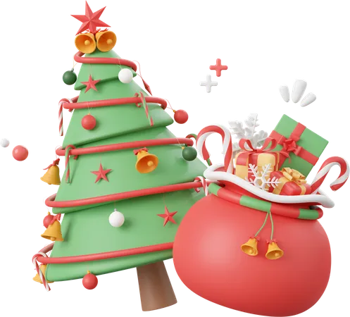 Arbre de Noël avec sac cadeaux  3D Icon