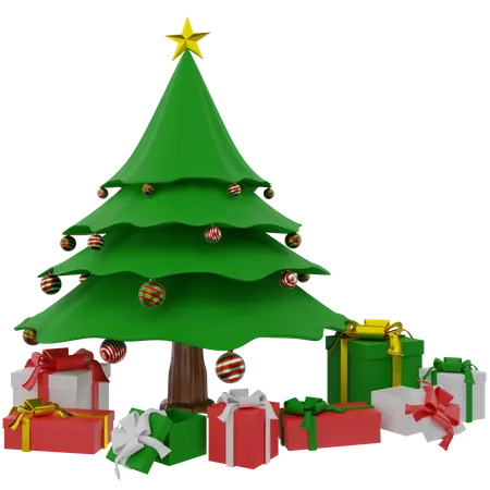 Sapin de Noël et coffrets cadeaux  3D Illustration