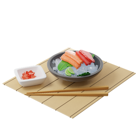 Sashimi com atum e salmão em folha de bambu em prato cheio de gelo sobre uma esteira de bambu  3D Illustration