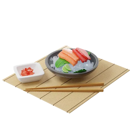 3 D Sashimi Mit Thunfisch Und Lachs Auf Bambusblatt Auf Einem Teller Voller Eis Auf Einer Bambusmatte Neben Essstabchen Und Eingelegtem Ingwer 3D Illustration