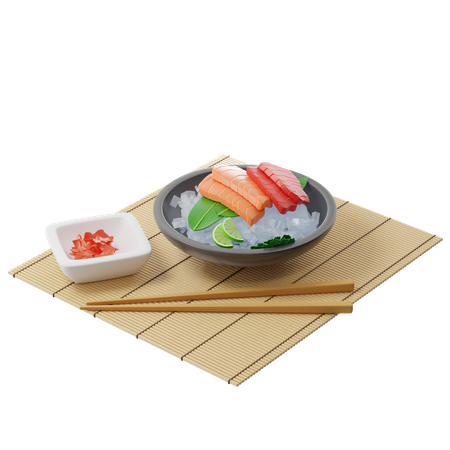 Sashimi with tuna and salmon on bamboo leaf in plate full of ice on a bamboo mat  3D Illustration