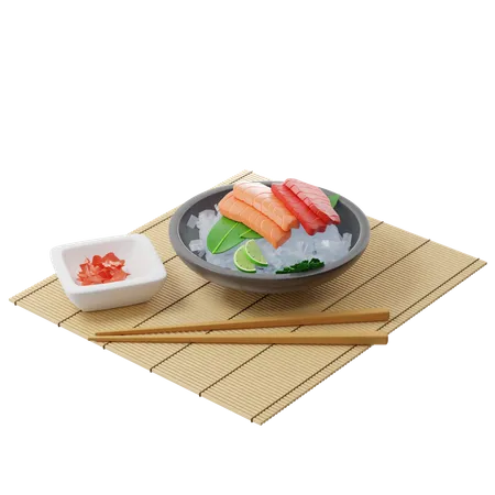 Sashimi with tuna and salmon on bamboo leaf in plate full of ice on a bamboo mat  3D Illustration