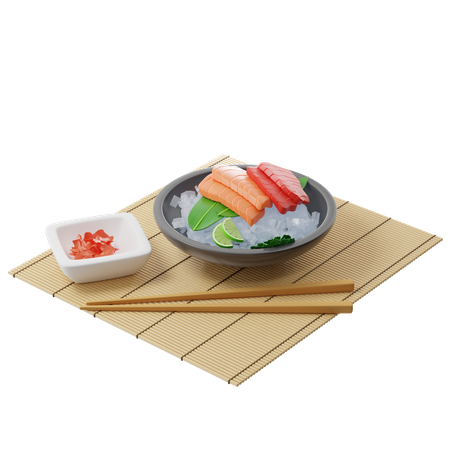 Sashimi with tuna and salmon on bamboo leaf in plate full of ice on a bamboo mat 3D Illustration