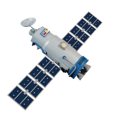 Satelite Con Antena Giratoria Volando En El Espacio Estacion Espacial En Orbita 3D Illustration