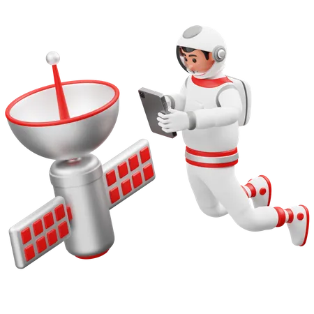 Astronauta controlando satélite  3D Illustration