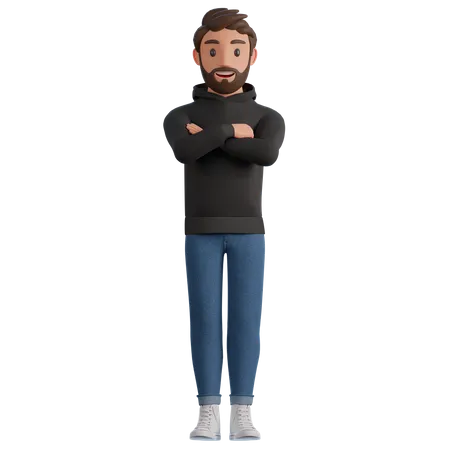 A Man In A Black Hoodie And Blue Jeans Is Standing Contentedly With His Arms Crossed Over His Chest 3 D Render Illustration 3D Illustration
