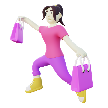 Sauter une femme heureuse après le shopping  3D Illustration
