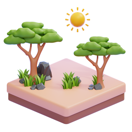 Savannah Landscape With Trees And Sun  3D Icon