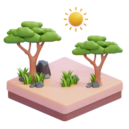 Savannah Landscape With Trees And Sun  3D Icon