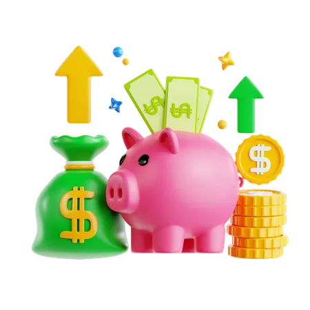 Savings and Investment Growth with Piggy Bank and Money  3D Icon