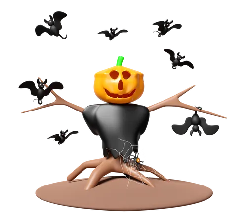 3 D Halloween Scarecrow With Bats Pumpkin Head Isolated Halloween Day Holiday Party 3D Icon