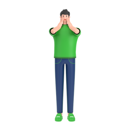 Boy giving scared expression with his hand 3D Illustration