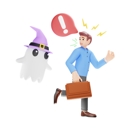 Scared Man Running Away from Ghost  3D Illustration